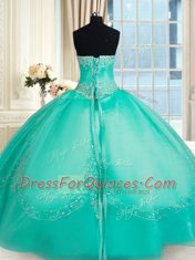 Floor Length Turquoise Sweet 16 Dress Organza Sleeveless Beading and Appliques