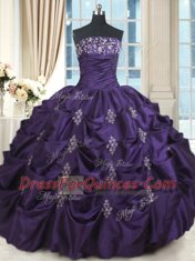 Glittering Purple Vestidos de Quinceanera Military Ball and Sweet 16 and Quinceanera and For with Beading and Appliques Strapless Sleeveless Lace Up
