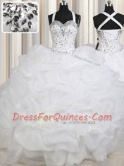 Simple White Lace Up Straps Beading and Pick Ups Quinceanera Gown Organza Sleeveless