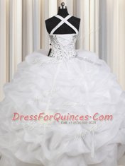 Simple White Lace Up Straps Beading and Pick Ups Quinceanera Gown Organza Sleeveless