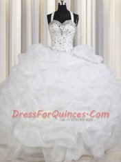 Simple White Lace Up Straps Beading and Pick Ups Quinceanera Gown Organza Sleeveless