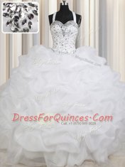 Simple White Lace Up Straps Beading and Pick Ups Quinceanera Gown Organza Sleeveless