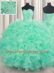 Luxurious Turquoise Sleeveless Floor Length Beading and Ruffles Lace Up Ball Gown Prom Dress