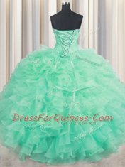 Luxurious Turquoise Sleeveless Floor Length Beading and Ruffles Lace Up Ball Gown Prom Dress