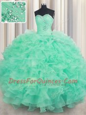 Luxurious Turquoise Sleeveless Floor Length Beading and Ruffles Lace Up Ball Gown Prom Dress