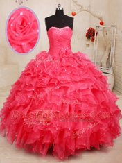 Coral Red Sleeveless Floor Length Beading and Ruffles and Sequins and Hand Made Flower Lace Up Quinceanera Gowns