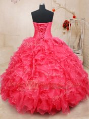 Coral Red Sleeveless Floor Length Beading and Ruffles and Sequins and Hand Made Flower Lace Up Quinceanera Gowns