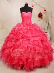 Coral Red Sleeveless Floor Length Beading and Ruffles and Sequins and Hand Made Flower Lace Up Quinceanera Gowns