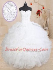 Fashion White Ball Gowns Sweetheart Sleeveless Organza Floor Length Lace Up Beading and Ruffles Sweet 16 Dresses