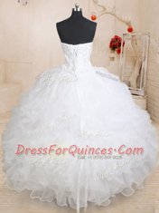 Fashion White Ball Gowns Sweetheart Sleeveless Organza Floor Length Lace Up Beading and Ruffles Sweet 16 Dresses