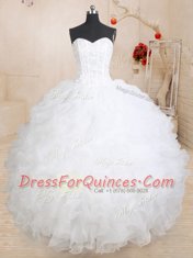 Fashion White Ball Gowns Sweetheart Sleeveless Organza Floor Length Lace Up Beading and Ruffles Sweet 16 Dresses