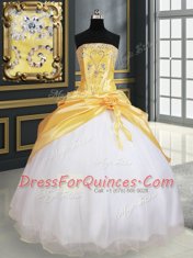 Perfect Yellow And White Sleeveless Floor Length Beading and Pick Ups and Hand Made Flower Lace Up 15 Quinceanera Dress