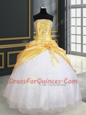 Perfect Yellow And White Sleeveless Floor Length Beading and Pick Ups and Hand Made Flower Lace Up 15 Quinceanera Dress