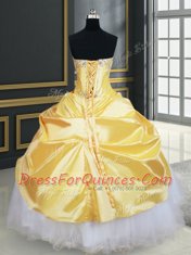 Perfect Yellow And White Sleeveless Floor Length Beading and Pick Ups and Hand Made Flower Lace Up 15 Quinceanera Dress