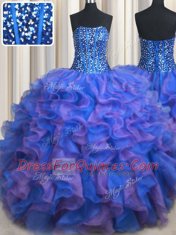 Ball Gowns Quinceanera Dress Blue and Purple Strapless Organza Sleeveless Floor Length Lace Up