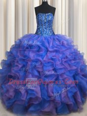 Ball Gowns Quinceanera Dress Blue and Purple Strapless Organza Sleeveless Floor Length Lace Up