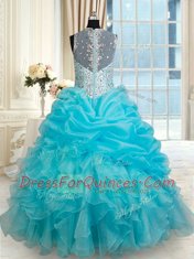 Popular Aqua Blue Zipper Straps Beading and Ruffles and Pick Ups 15 Quinceanera Dress Organza Sleeveless