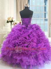 Beading and Ruffles Quince Ball Gowns Eggplant Purple Lace Up Sleeveless Floor Length