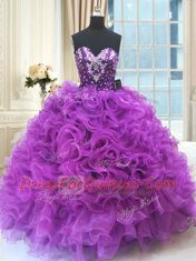 Beading and Ruffles Quince Ball Gowns Eggplant Purple Lace Up Sleeveless Floor Length