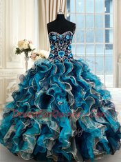 Multi-color Ball Gowns Sweetheart Sleeveless Organza Brush Train Lace Up Beading and Embroidery and Ruffles 15 Quinceanera Dress