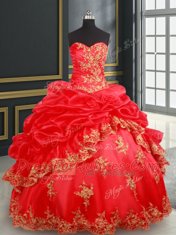 New Style Sleeveless Satin and Organza Floor Length Lace Up Quinceanera Gowns in Red with Beading and Appliques and Pick Ups