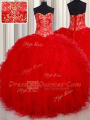 Ideal Red Ball Gowns Tulle Sweetheart Sleeveless Beading and Embroidery Floor Length Lace Up Quinceanera Dress