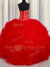 Ideal Red Ball Gowns Tulle Sweetheart Sleeveless Beading and Embroidery Floor Length Lace Up Quinceanera Dress