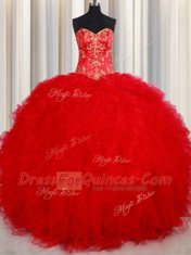 Ideal Red Ball Gowns Tulle Sweetheart Sleeveless Beading and Embroidery Floor Length Lace Up Quinceanera Dress