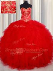 Ideal Red Ball Gowns Tulle Sweetheart Sleeveless Beading and Embroidery Floor Length Lace Up Quinceanera Dress