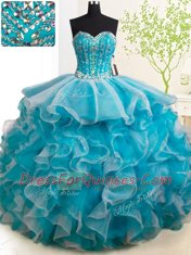 Ideal Beading and Ruffles Sweet 16 Dresses Teal Lace Up Sleeveless With Brush Train