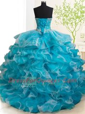 Ideal Beading and Ruffles Sweet 16 Dresses Teal Lace Up Sleeveless With Brush Train