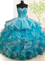 Ideal Beading and Ruffles Sweet 16 Dresses Teal Lace Up Sleeveless With Brush Train