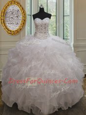 Stunning White Sweetheart Neckline Beading and Ruffles 15th Birthday Dress Sleeveless Lace Up