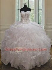 Stunning White Sweetheart Neckline Beading and Ruffles 15th Birthday Dress Sleeveless Lace Up
