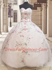 New Arrival Floor Length White Sweet 16 Dresses Organza Sleeveless Beading and Embroidery