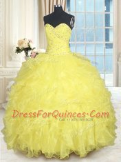Yellow Ball Gowns Sweetheart Sleeveless Organza Floor Length Lace Up Beading and Ruffles Ball Gown Prom Dress