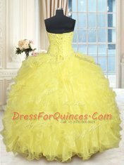 Yellow Ball Gowns Sweetheart Sleeveless Organza Floor Length Lace Up Beading and Ruffles Ball Gown Prom Dress
