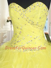 Yellow Ball Gowns Sweetheart Sleeveless Organza Floor Length Lace Up Beading and Ruffles Ball Gown Prom Dress