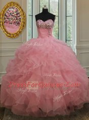 Baby Pink Sweetheart Lace Up Beading and Ruffles and Sequins 15th Birthday Dress Sleeveless