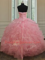 Baby Pink Sweetheart Lace Up Beading and Ruffles and Sequins 15th Birthday Dress Sleeveless