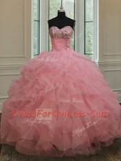 Baby Pink Sweetheart Lace Up Beading and Ruffles and Sequins 15th Birthday Dress Sleeveless