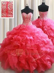 Romantic Coral Red Lace Up Sweetheart Beading and Ruffles Sweet 16 Dresses Organza Sleeveless