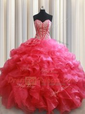 Romantic Coral Red Lace Up Sweetheart Beading and Ruffles Sweet 16 Dresses Organza Sleeveless