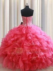 Romantic Coral Red Lace Up Sweetheart Beading and Ruffles Sweet 16 Dresses Organza Sleeveless