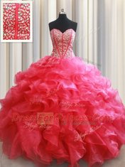 Romantic Coral Red Lace Up Sweetheart Beading and Ruffles Sweet 16 Dresses Organza Sleeveless