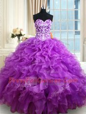 Cheap Eggplant Purple Sweetheart Neckline Beading and Ruffles Quinceanera Dress Sleeveless Lace Up