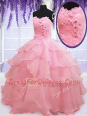 Super Baby Pink Sweetheart Lace Up Beading and Hand Made Flower Vestidos de Quinceanera Sleeveless