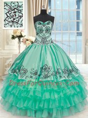 Flirting Organza and Taffeta Sweetheart Sleeveless Lace Up Embroidery and Ruffled Layers Quinceanera Dress in Turquoise