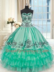 Flirting Organza and Taffeta Sweetheart Sleeveless Lace Up Embroidery and Ruffled Layers Quinceanera Dress in Turquoise