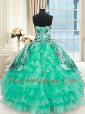 Flirting Organza and Taffeta Sweetheart Sleeveless Lace Up Embroidery and Ruffled Layers Quinceanera Dress in Turquoise